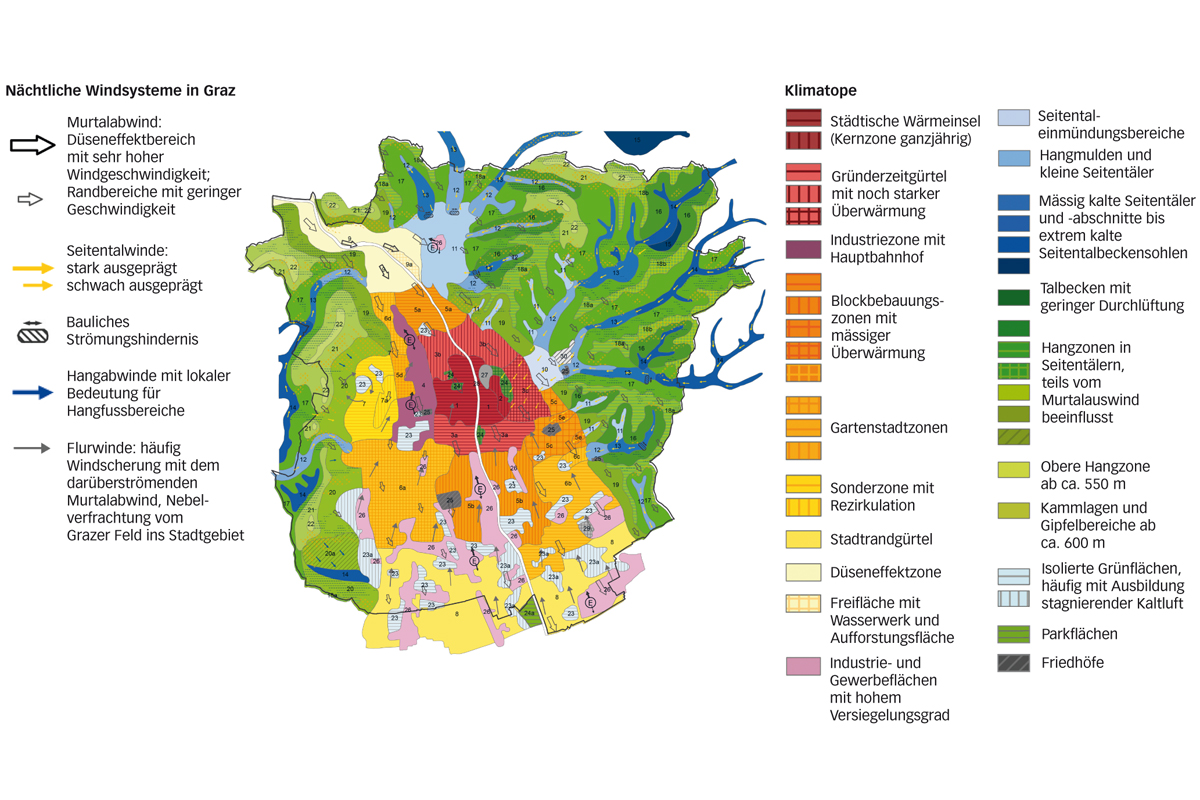 Klimatop-Plan der Stadt Graz mit der Zuordnung von klimatischen und thermischen Eigenschaften auf die einzelnen Baustrukturen.