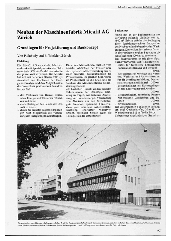 Eine Seite aus der Vorgängerzeitschrift von TEC21, dem «Schweizer Ingenieur und Architekt», Ausgabe 45/1979. Die Micafil Maschinenfabrik wurde von den Architekten Pierre Robert Sabady und Bernhard Winkler geplant und ausgeführt. Sie berichteten gemeinsam über ihr Projekt.