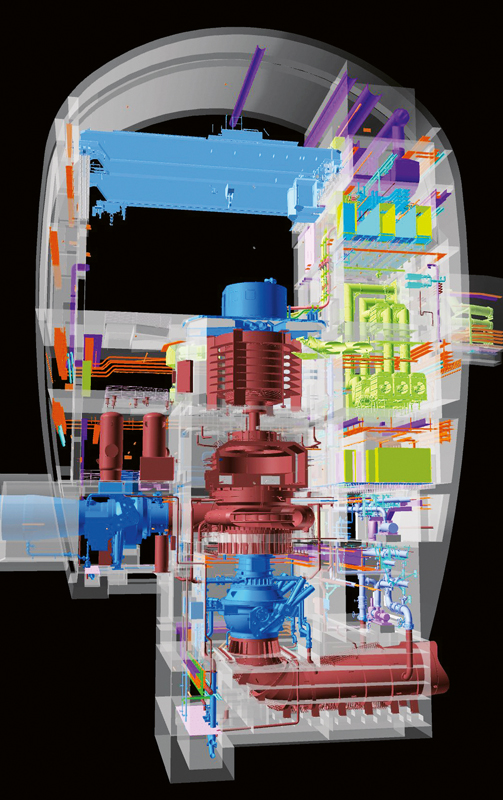 Nant de Drance: Visualisierung der 52 m hohen Maschinen­kaverne mit Pumpturbine (braun), Kugelschieber (blau) darunter und Motorgenerator (braun/blau) in der Bildmitte.