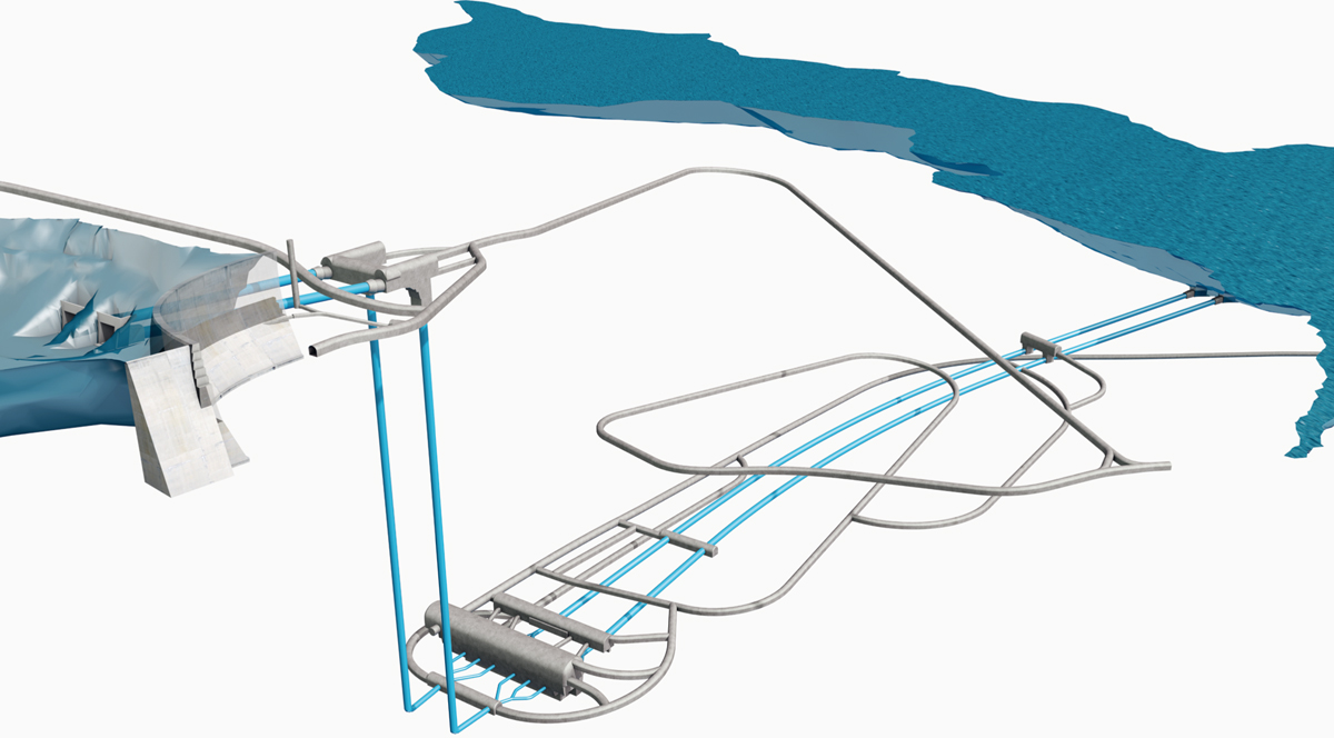 Nant de Drance: oberer Stausee Vieux Emosson (links) mit erhöhter Staumauer, unterer Stausee Emosson (rechts). Dazwischen liegen die unterirdischen Anlagen des neuen Pumpspeicherkraftwerks mit Kavernen (Maschinenkaverne vorn unten), Stollensystem und Triebwasserwegen (blau). Etwa 17 km Stollen wurden für das Projekt benötigt.