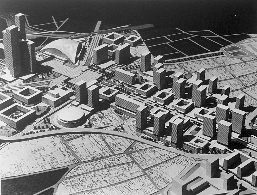 Robert Camelot, Jean de Maillu, Bernard Zehrfuss: progetto di massima approvato della Défense con grattacieli lungo il superblock rialzato (1964).