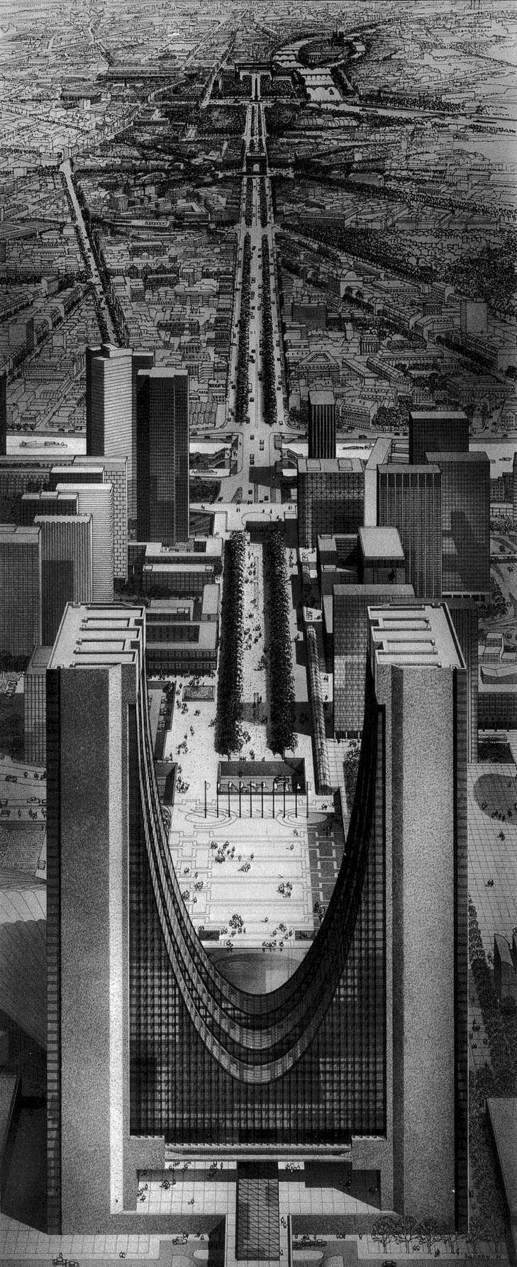 Ieoh Ming Pei, Araldo Cossutta, progetto per torri gemelle di uffici della Tête Défense (1971), futuro sito della Grande Arche de la Défense realizzato nel 1984-1989 su progetto dell’architetto Johann Otto von Spreckelsen.
