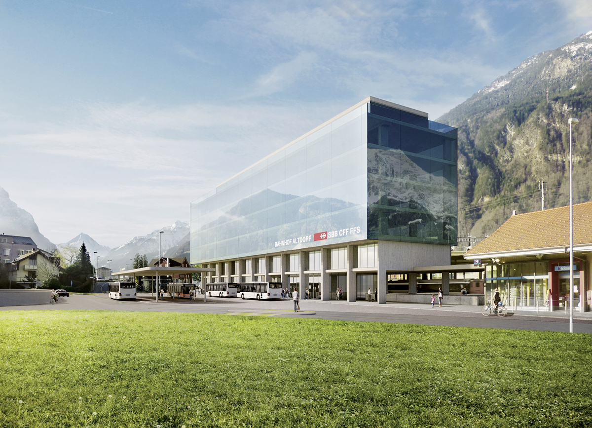 Der Architekturwettbewerb für den Neubau des Kantonsbahnhof Uri ist noch nicht entschieden; Visualisierung aus der vorherigen Testplanung.