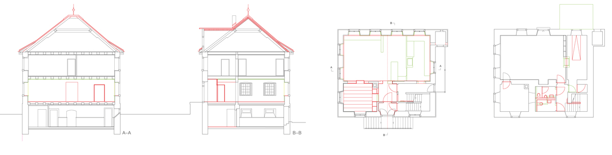 Schnitte und Grundrisse Hochparterre und Unter­geschoss.