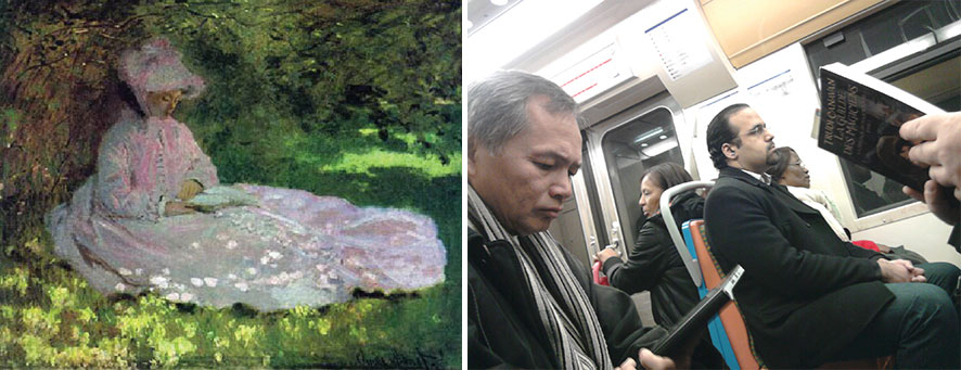A gauche, Claude Monet, La liseuse, 1875. A droite, lecture interstitielle dans le métro de Paris.