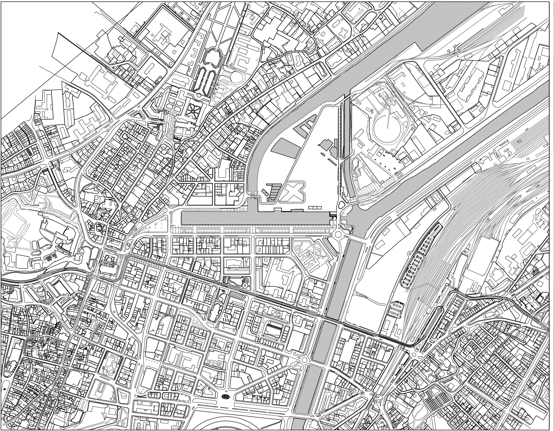 Plan de situation. La bibliothèque a le rôle de charnière entre la ville du 19e et l’ancien port industriel.