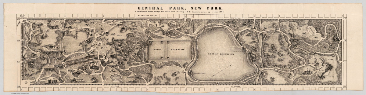 Frederik Law Olmsted und Calvert Vaux entwarfen ab 1858 den New Yorker Central Park, lang bevor die Blocks am Park zur begehrten Wohnadresse wurden. Vogelschau-Plan von 1865 (Ausschnitt).