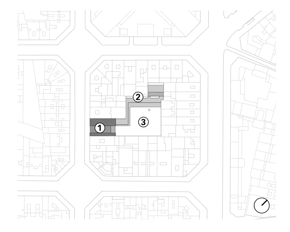 Der Gebäudekomplex erstreckt sich von der Carrer del Comte Borrell bis in den Innenhof hinein. 1) Bibliothek mit Passage, 2) Seniorenzentrum, 3) Cándida-Perez-Garten.