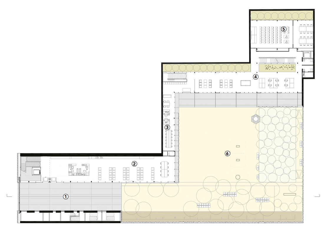 An die Bibliothek schliesst das Seniorenzentrum an. Grundriss EG: 1) Passage, 2) Information/Lesebereich, 3) Besprechungsraum, 4) Cafeteria/Bar, 5) Unterhaltungssaal, 6) Cándida-Pérez-Garten.