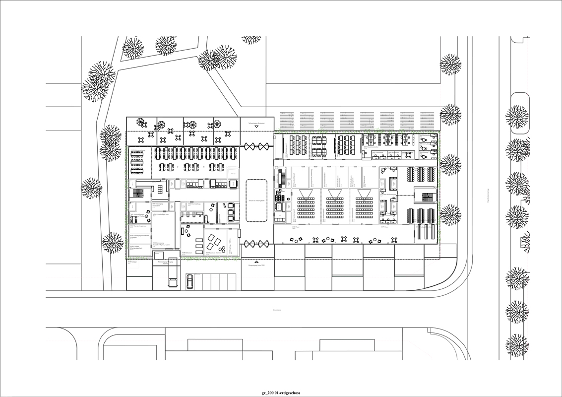 1. Preis Kunz und Mösch: Das zentrale Atrium verbindet die Strasse mit dem Grünraum.