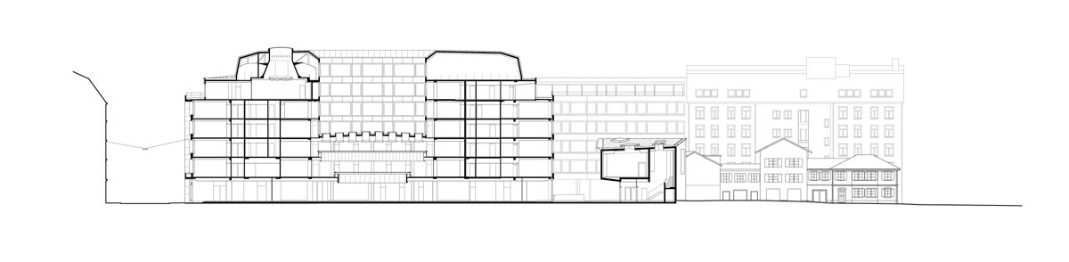 Schnitt durch den Gebäudekomplex mit der zentralen Kundenhalle und dem neuen Atriumhaus.