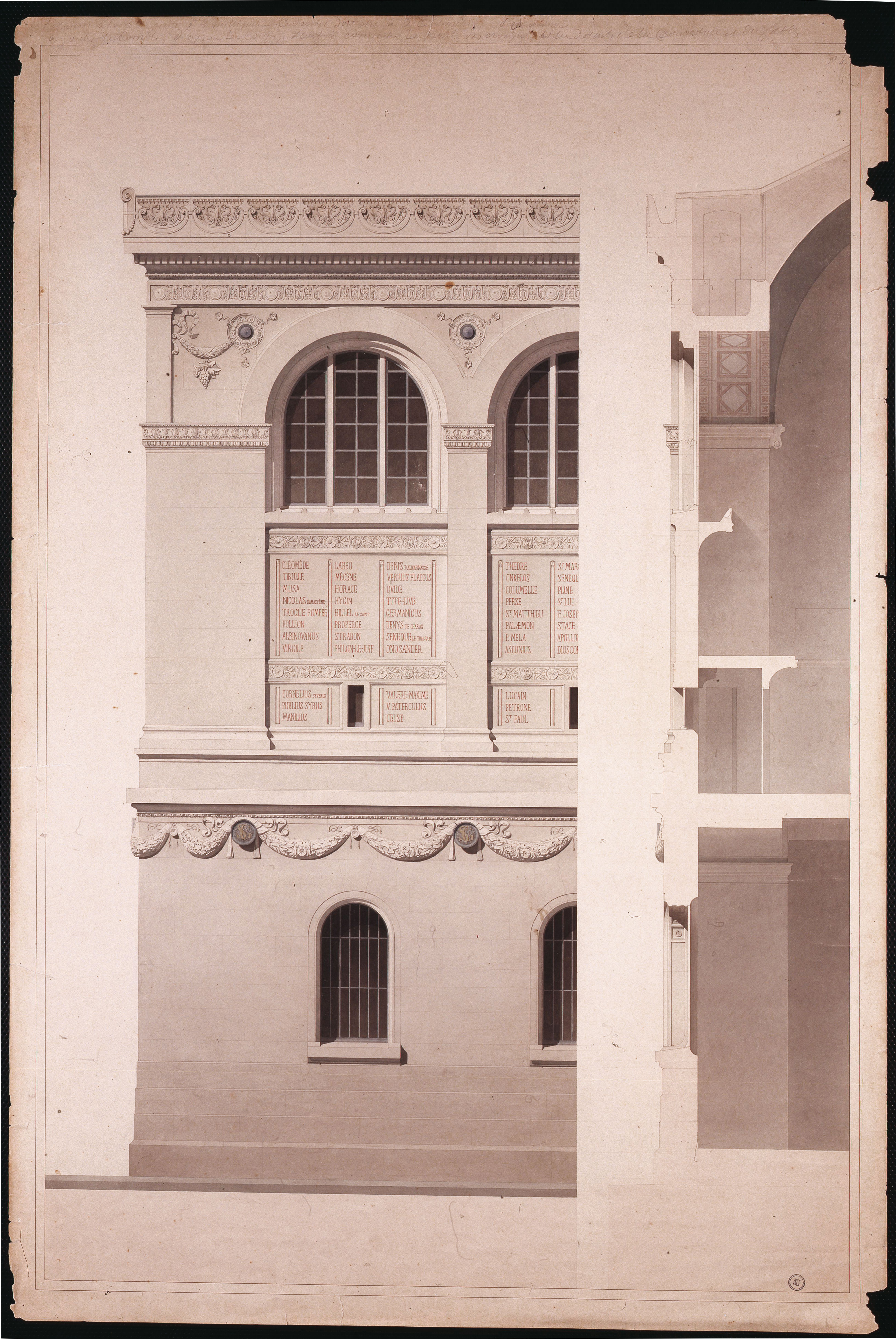 Henri Labrouste, Bibliothèque Sainte-Geneviève à Paris, 1839–1851, plan dessiné par Henri Labrouste sans échelle