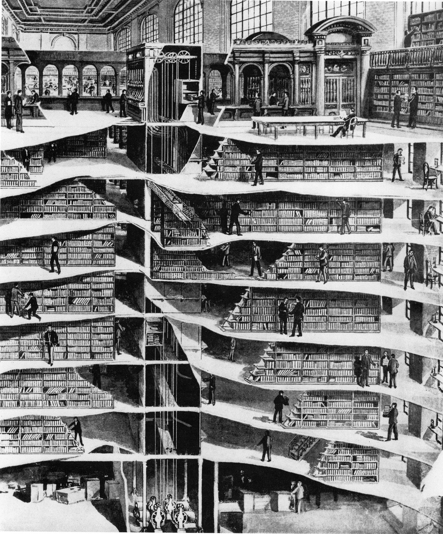 Magasins souterrains : coupe de la bibliothèque publique de New York, réalisée par Carrère and Hastings, 1897 (concours), 1911 (ouverture) sur le concept élaboré par le bibliothécaire John Shaw Billings