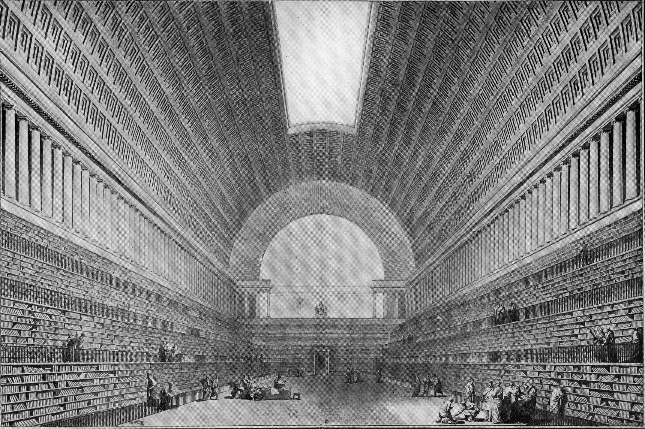 La bibliothèque monumentale : vue intérieure de la salle de lecture de la bibliothèque royale projetée par Etienne-Louis Boullée en 1785. Cette « immense basilique dont la décoration ne proviendrait que de ses di-mensions » serait obtenue en couvrant la cour centrale du quadrilatère Richelieu d’une voûte en berceau.