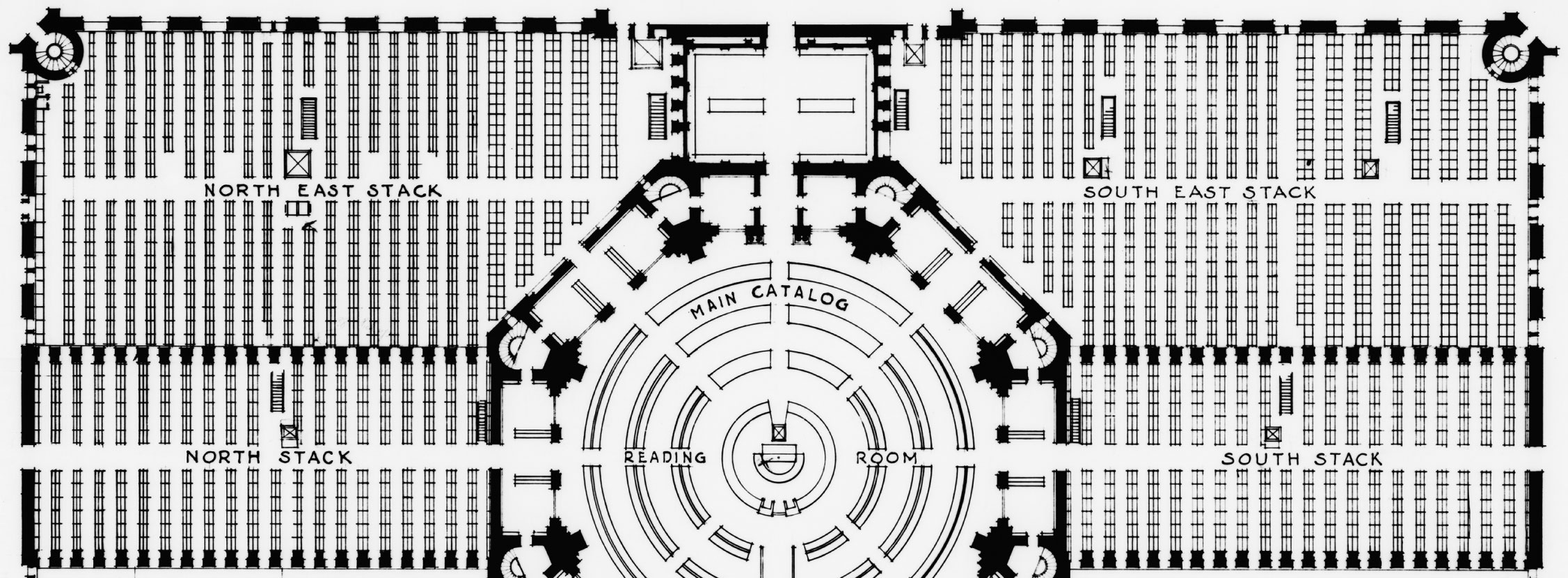 Salle de contrôle du savoir universel : plan du rez-de-chaussée de la bibliothèque du Congrès (Jefferson Building), Paul J. Pelz, 1888. Extrait du plan datant de la transformation (1938-1960).