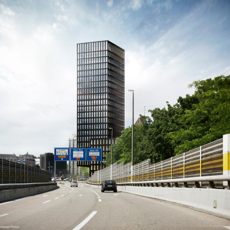 Visualisierung mit Sicht auf die auskragende Gebäudeecke über der Erschliessungsstrasse.
