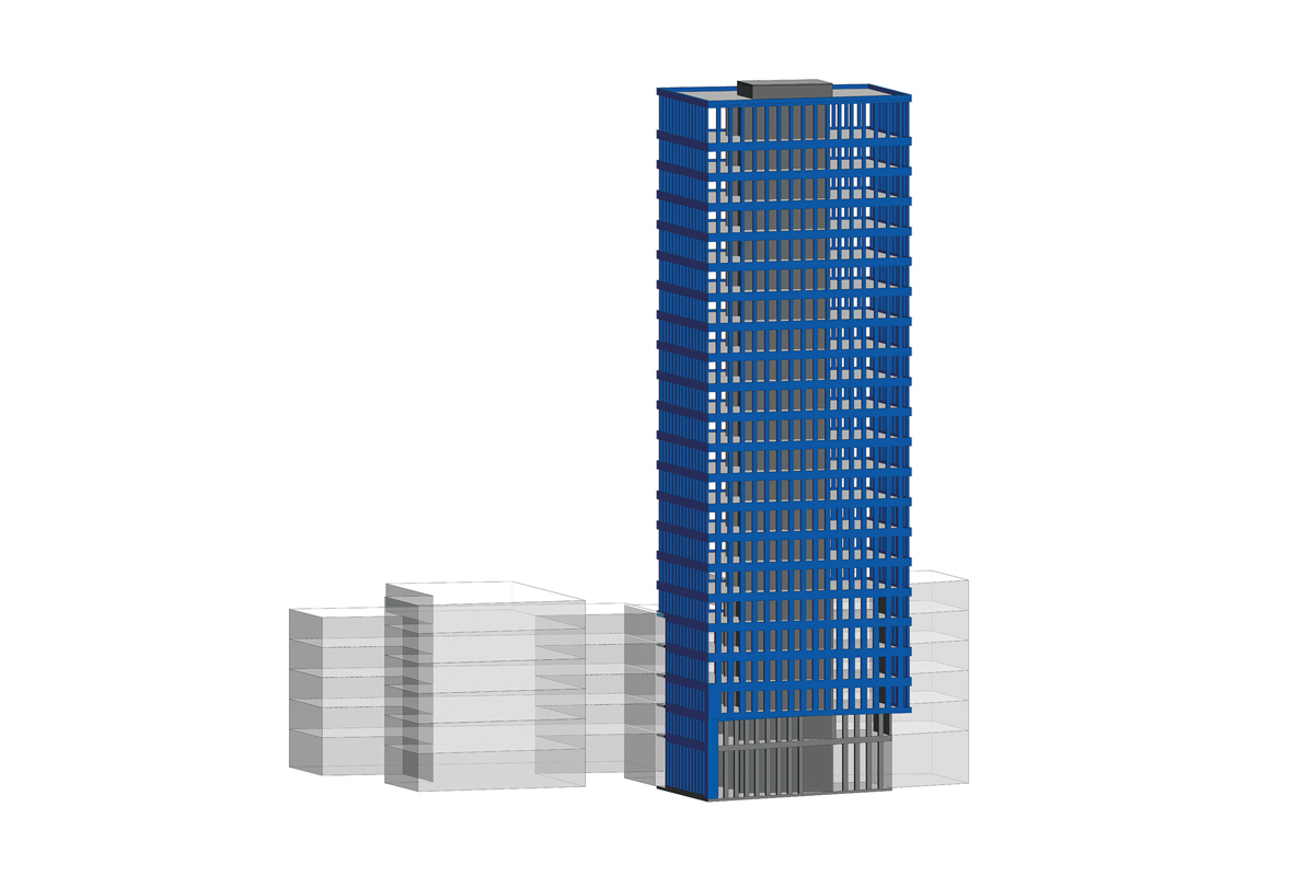 Das Vierendeel-System, das sich im Fassadenbild widerspiegelt, mit der auskragenden Gebäudeecke am Fuss.