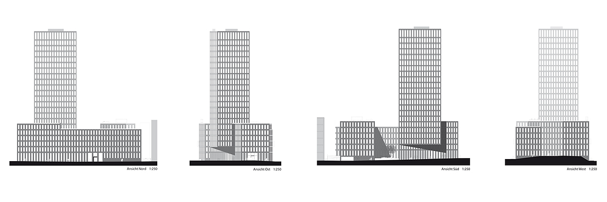 Unterschiedliche Ansichten des Grosspeter Towers von links nach rechts: Nord, Ost, Süd und West. In der Ansicht Süd – der dem Bahnareal zugewandten Seite – öffnet sich ein Innenhof, der den Hotel- vom Bürobereich trennt.