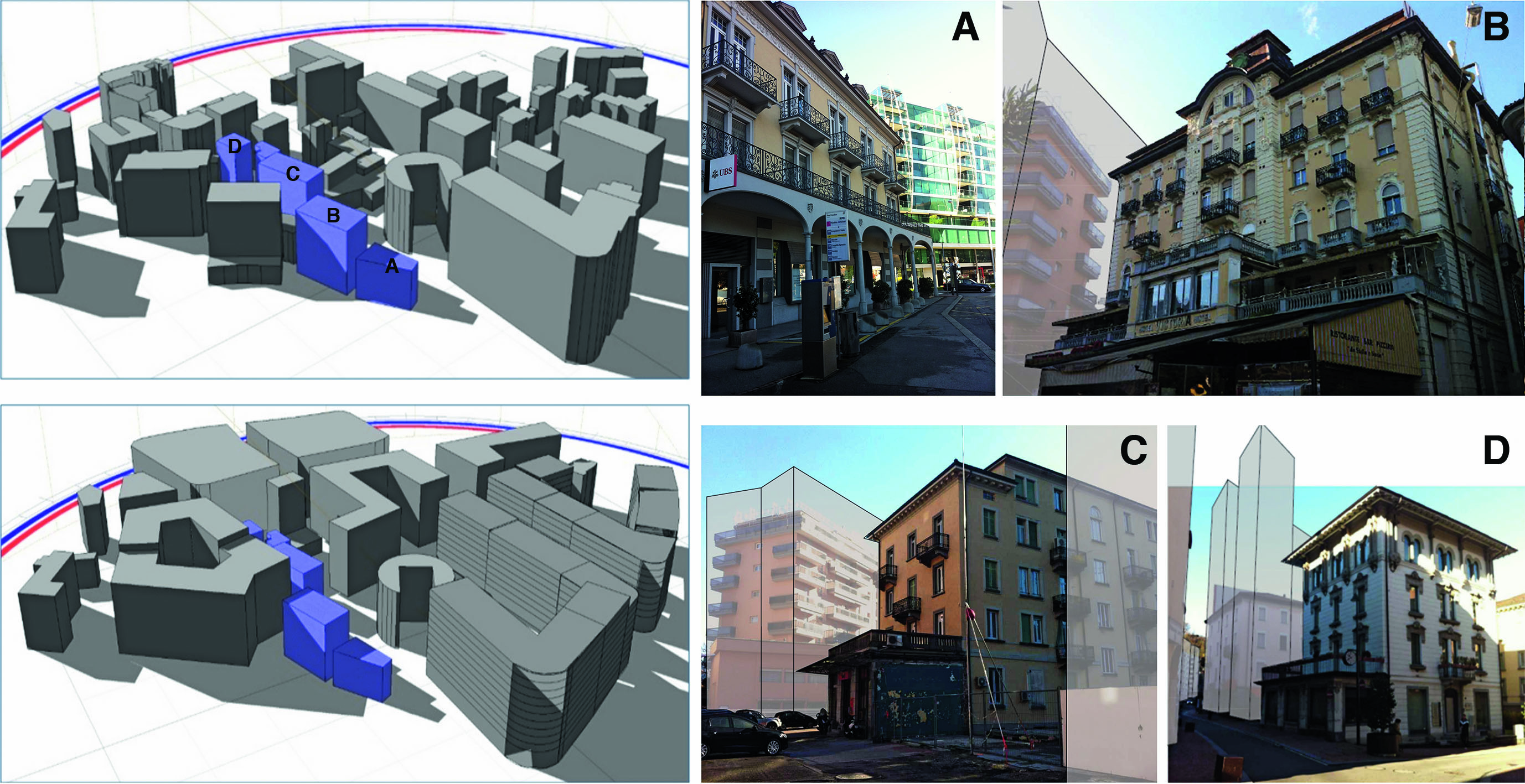 Le immagini mostrano gli scenari di trasformazione del nuovo piano regolatore nelle vicinanze degli edifici protetti. Nelle fotografie, le maschere bianche mostrano l’impatto visivo delle nuove costruzioni. Nell’immagine 3D dell’area di studio prima e dopo l’attuazione del Piano Regolatore, i volumi segnalati in blu e contrassegnati dall’A-D rappresentano gli edifici culturalmente protetti nell’area di studio: A. Palazzo Riva Paradiso (A4905); B. Hotel Victoria (A4906); C. Palazzo via G. Guisan