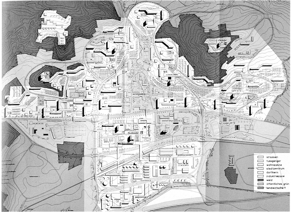 Studiengruppe Neue Stadt, Masterplan für die Neue Stadt in Otelfingen, 1961, in: Egli, Ernst u.a., die neue stadt. Eine Studie für das Furttal, Zürich, Zürich: Bauen + Wohnen, 1961, S. 130.