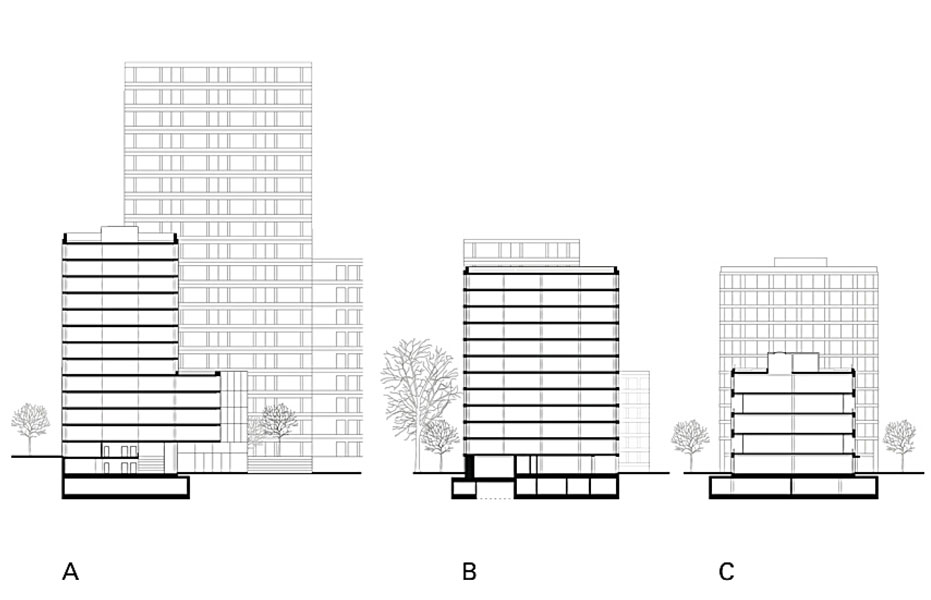 1. Preis: EM2N. Querschnitte (A: Conference Tower, B: Business Tower, C: Warehouse)