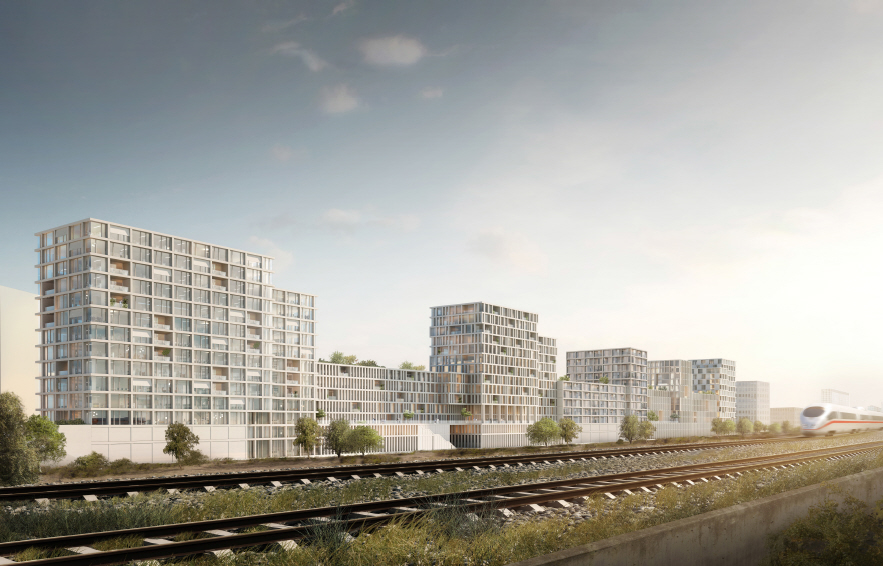 2. Preis: Eller + Eller. Sanfte Übergänge in den Höhen prägen die Ansicht von den Bahngleisen.