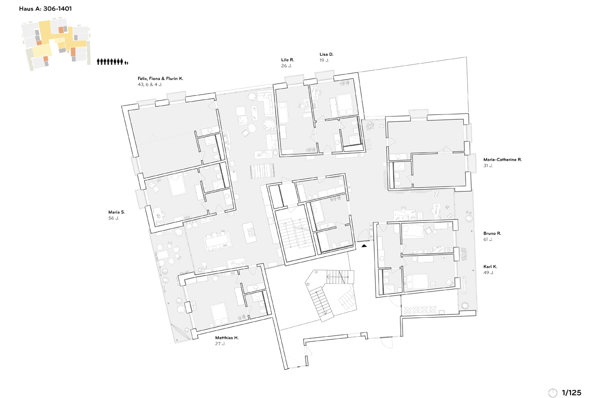 Grundriss einer Clusterwohnung mit Bewohnern, Haus A, Genossenschaft mehr als wohnen, Zürich, 2015.