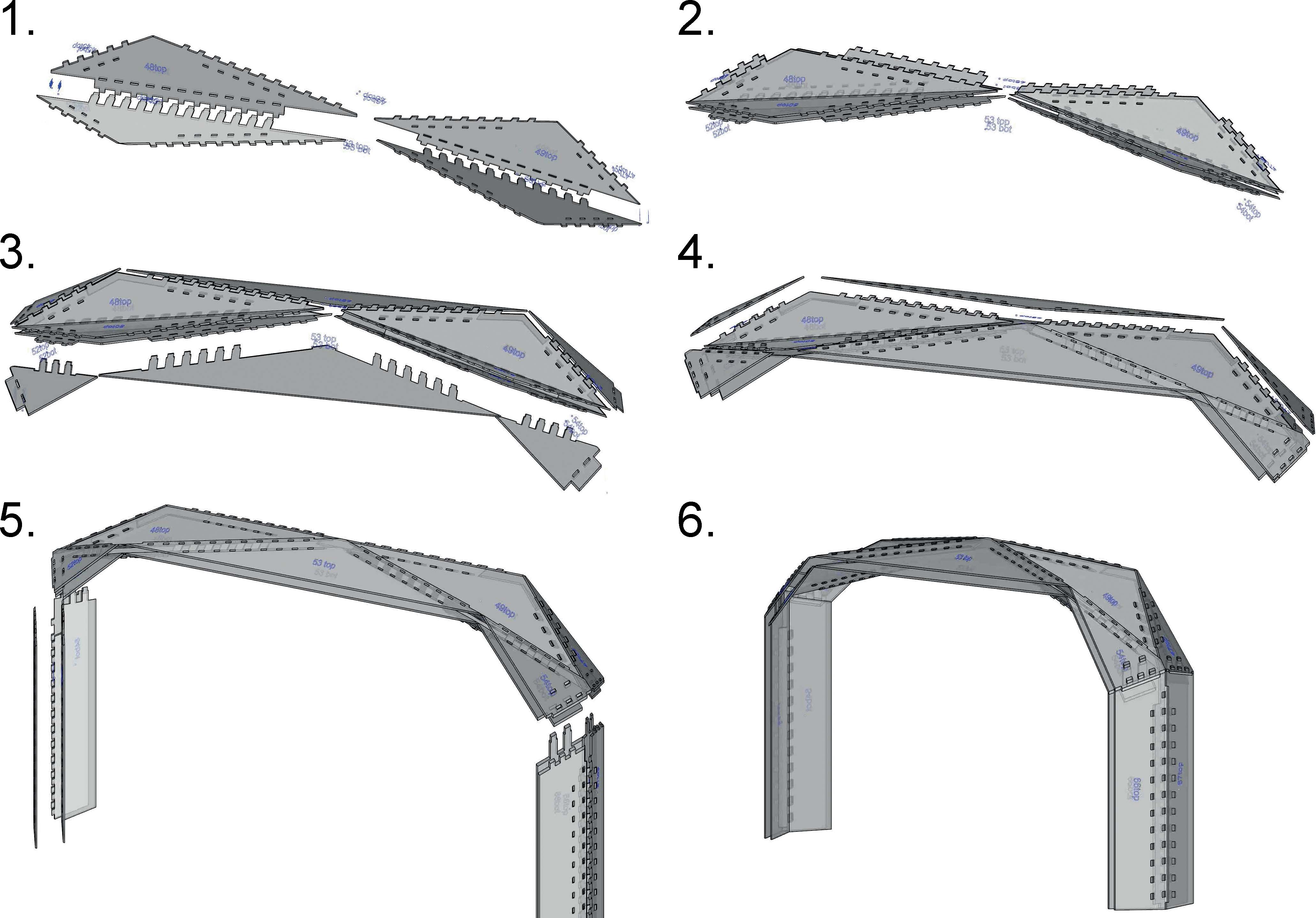Coupe 1 et 2 : lorsqu’un segment est relié à son opposé alors les tenons sont positionnés de façon orthogonale. Coupe 3 et 4 : lorsqu’un segment est lié aux deux bords libre du segment voisin alors une rotation de l’élément est nécessaire afin de positionner tous les tenons dans un seul plan d’insertion.
