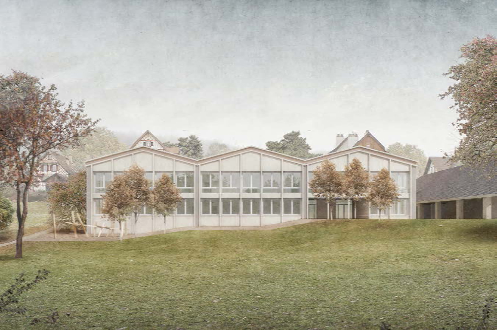 2. Rang / 2. Preis «Dreisprung», Menzi Bürgler Architekten: Visualisierung der Doppelturnhalle mit Tagesstruktur.