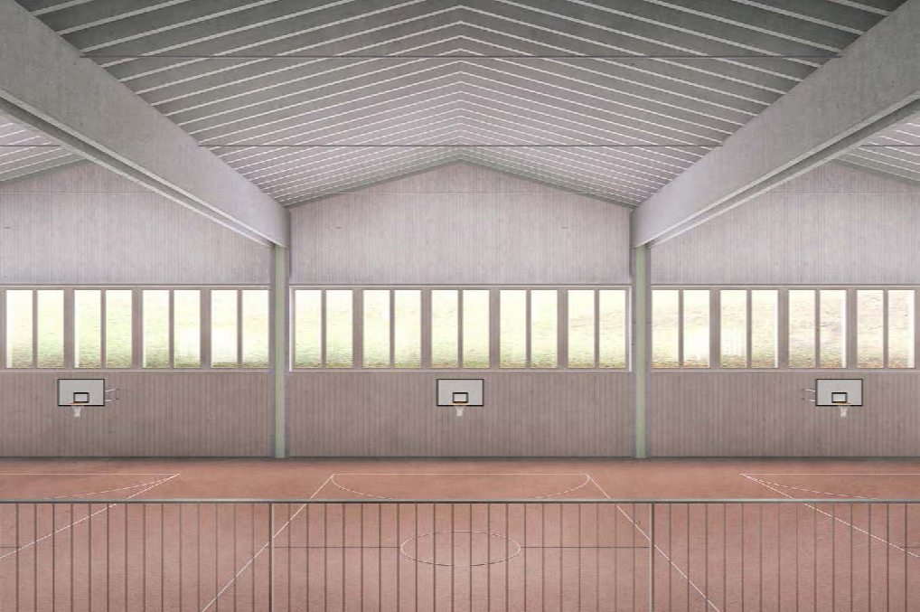 2. Rang / 2. Preis «Dreisprung», Menzi Bürgler Architekten: Visualisierung in der Doppelturnhalle.