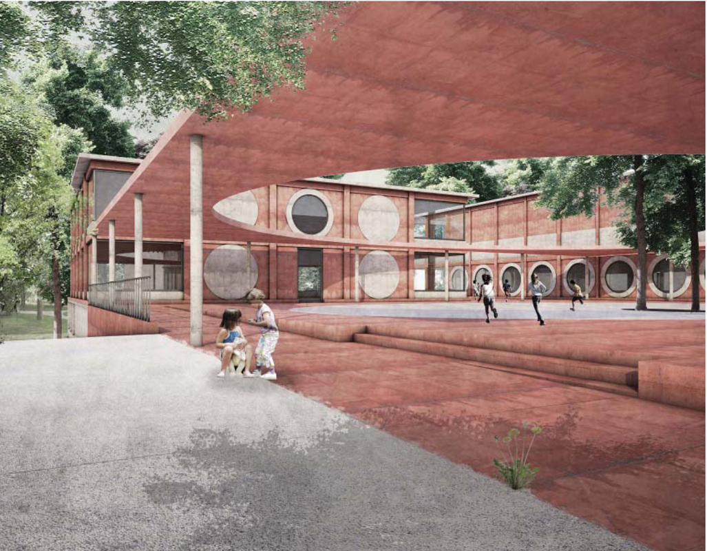4. Rang / 3. Preis «Rosso», Fiechter &amp; Salzmann Architekten: Visualisierung des Schulhofs.