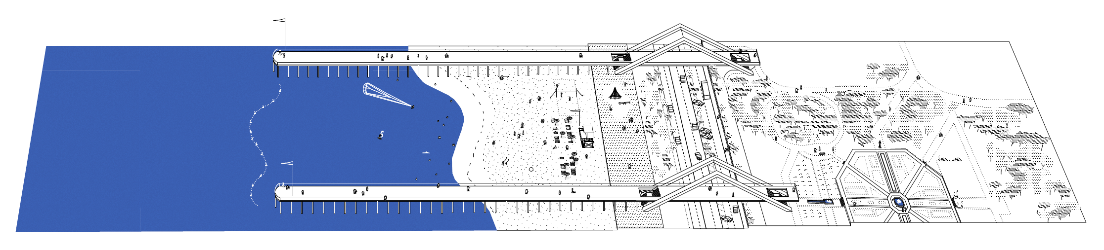 Axonométrie du projet «BRETERIND89». Vue des jetées qui rythment la plage urbaine
