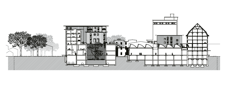 Schnitt durch das neue Areal des ehemaligen Coop-Verteilzentrums in Pratteln. Im Hintergrund der zu erhaltende Zuckersiloturm, rechts das geschützte Hauptgebäude.