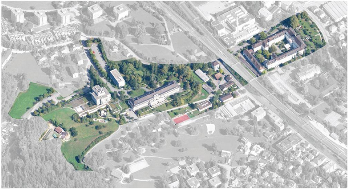 Forel, Luftbild-Visualisierung: Die freie Fläche am linken Rand des Areals ist für die Gebäude «Im Wald» für die Alterspsychiatrie und «Am Hügel» für die Krisenintervention vorgesehen.