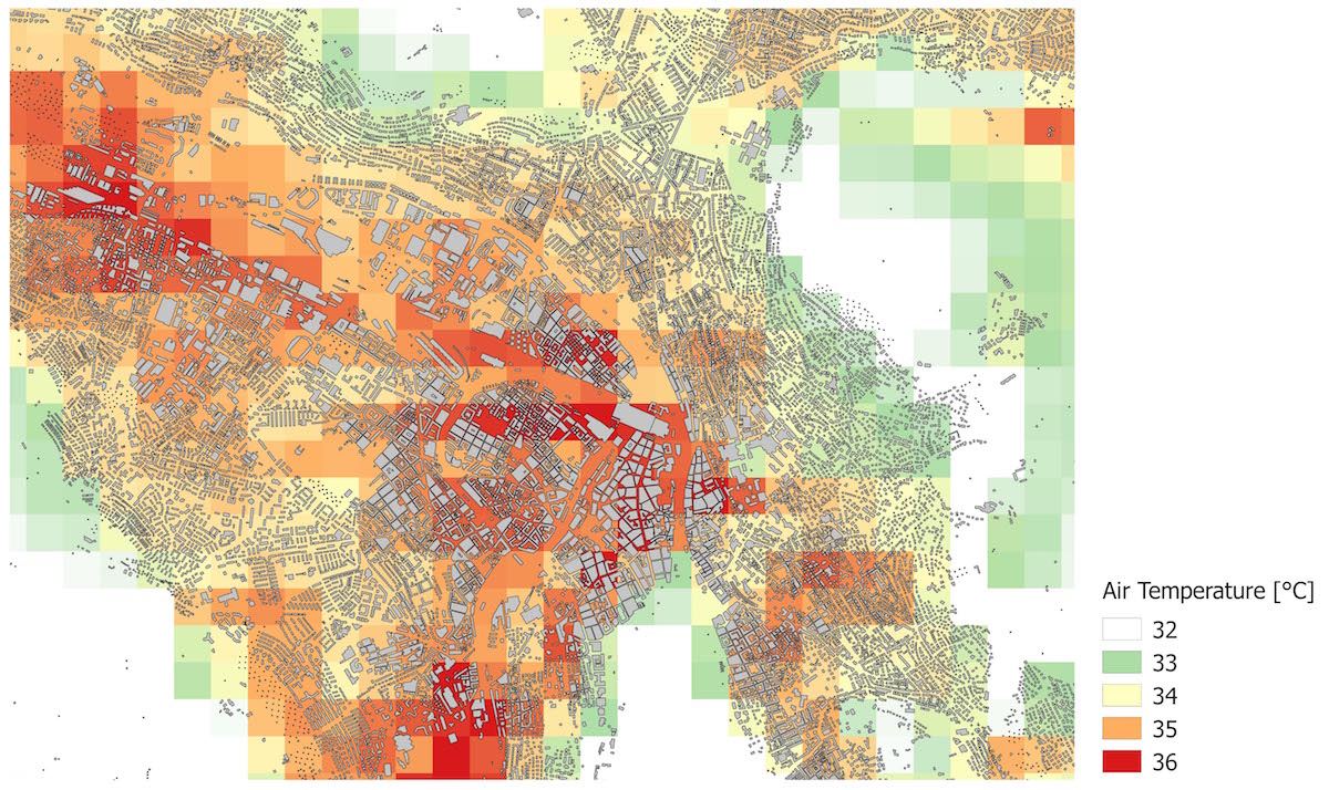 Modellierte Wärmekarte der Stadt Zürich mit Hitzeinseleffekt am 22. Juni, 6 Uhr, auf 2 m über Boden.