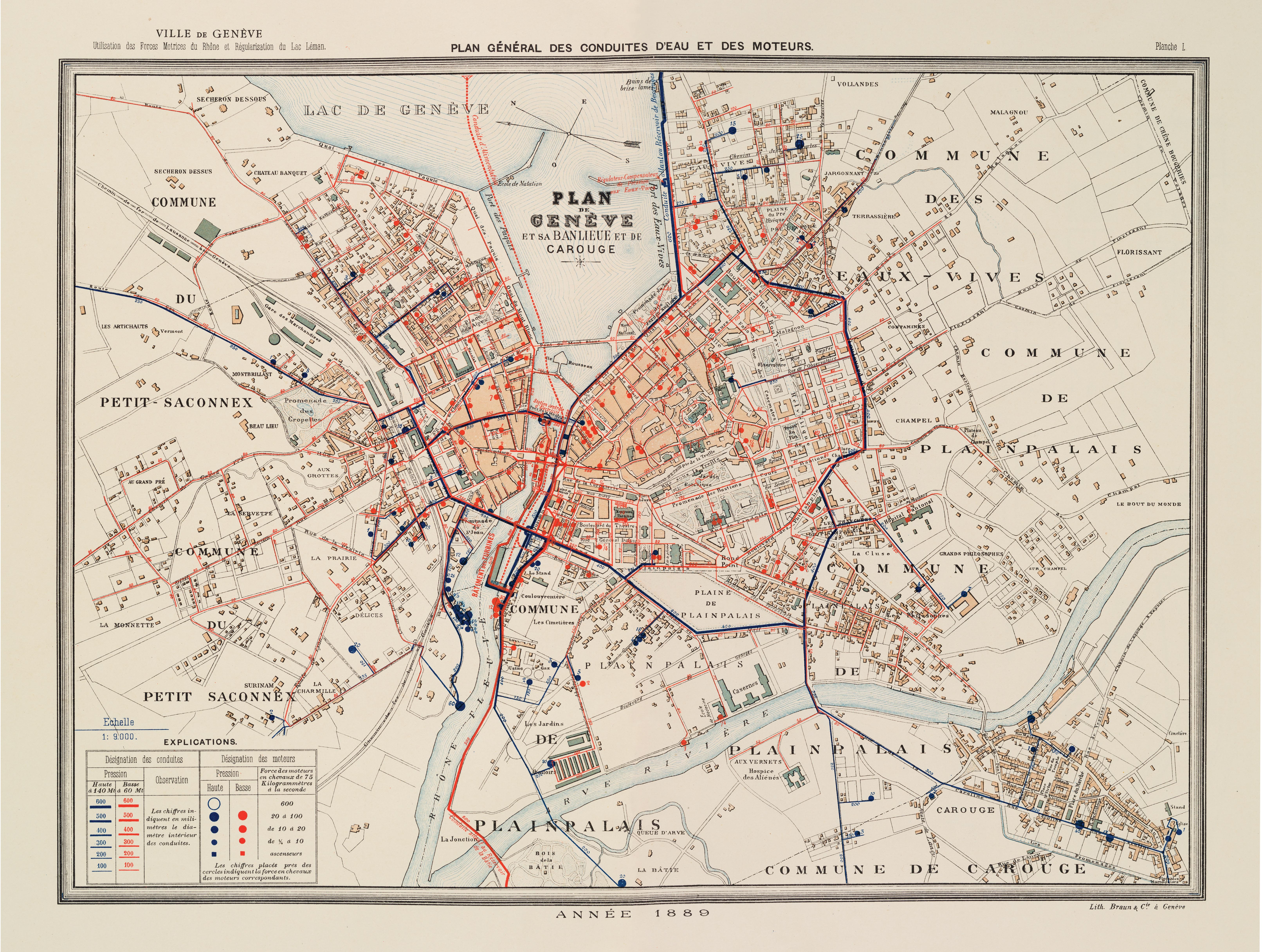 Plan des conduites d’eau à haute et basse pression ainsi que des moteurs hydrau- liques alimentés par l’usine de la Coulouvrenière (1888). Les cercles à l’extrémité des conduites indiquent le nombre de chevaux (CV) distribués ponctuellement : 3 CV pour la nouvelle école industrielle de la rue Necker, 5 CV pour un atelier de tailleur de pierre à Montbrillant, 20 CV pour les abattoirs de Plainpalais, etc. Parfois le tracé se termine par un carré, indiquant un ascenseur hydraulique, installé