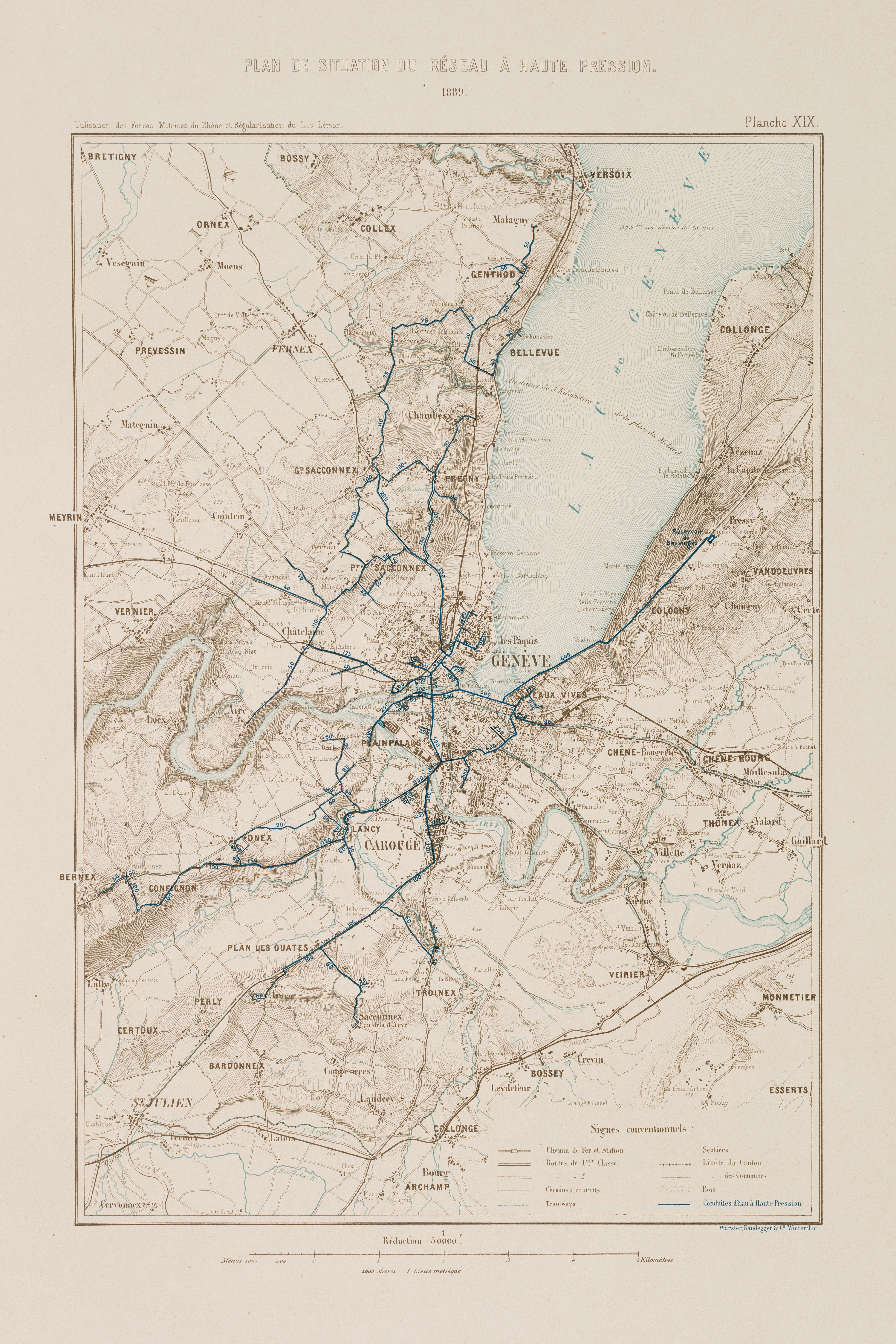 Plan du réseau à haute pression dans le canton de Genève (1888). L’eau du Rhône est distribuée comme un système d’artères dans toute la campagne genevoise.