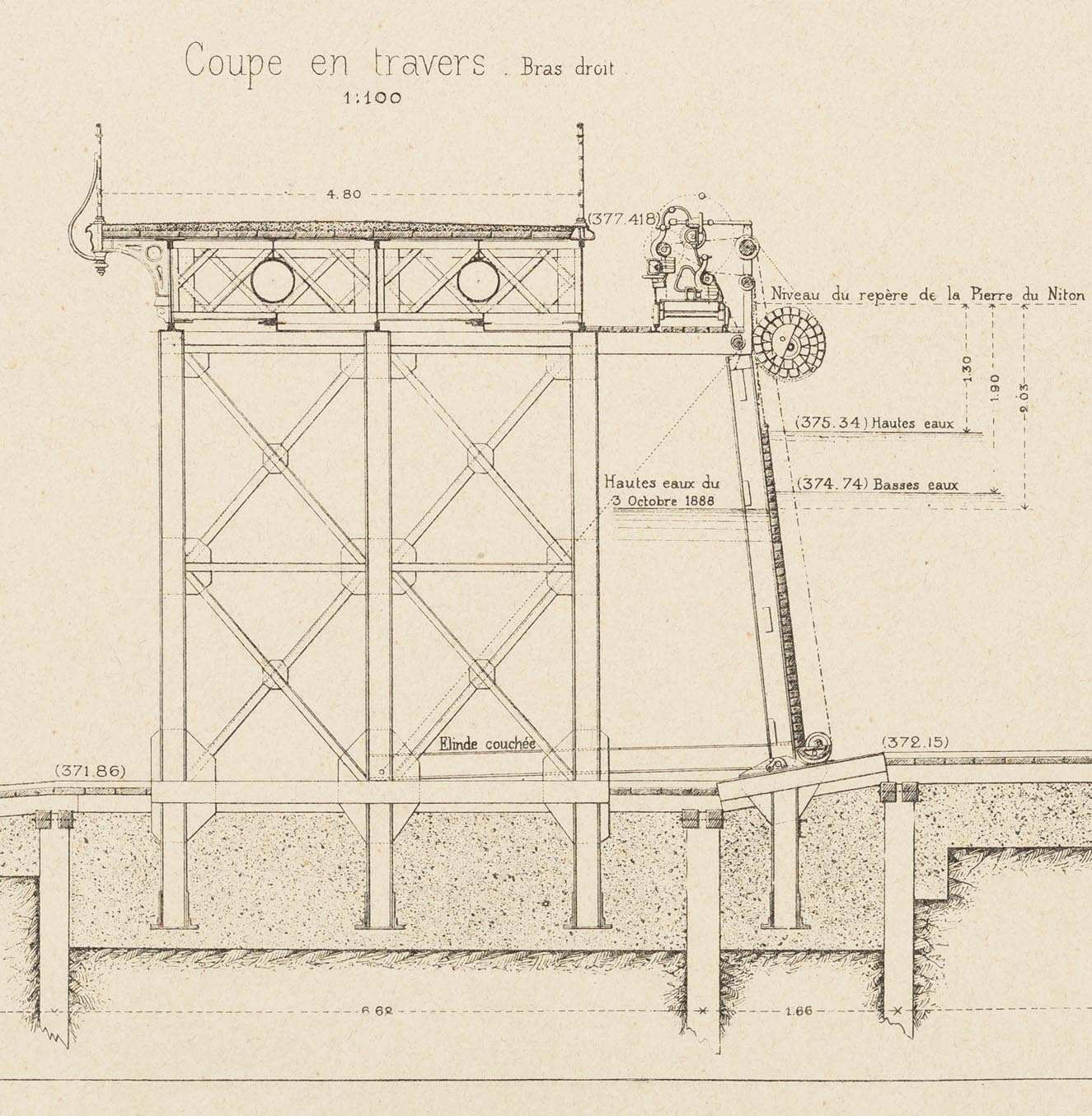 Coupe du barrage à rideau (système Caméré), 1888. Le maniement des stores à lamelles permet de contrôler l’écoulement du Rhône et stabiliser ainsi le niveau de l’ensemble du lac Léman. Les repères des hautes eaux (375.34) et des basses eaux (373.74), calculés à partir du repère de la pierre du Niton (376.64) y sont indiqués à droite