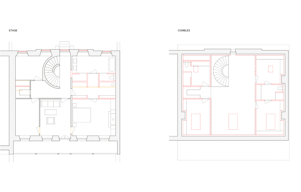 1. Etage (links) und Dachgeschoss.