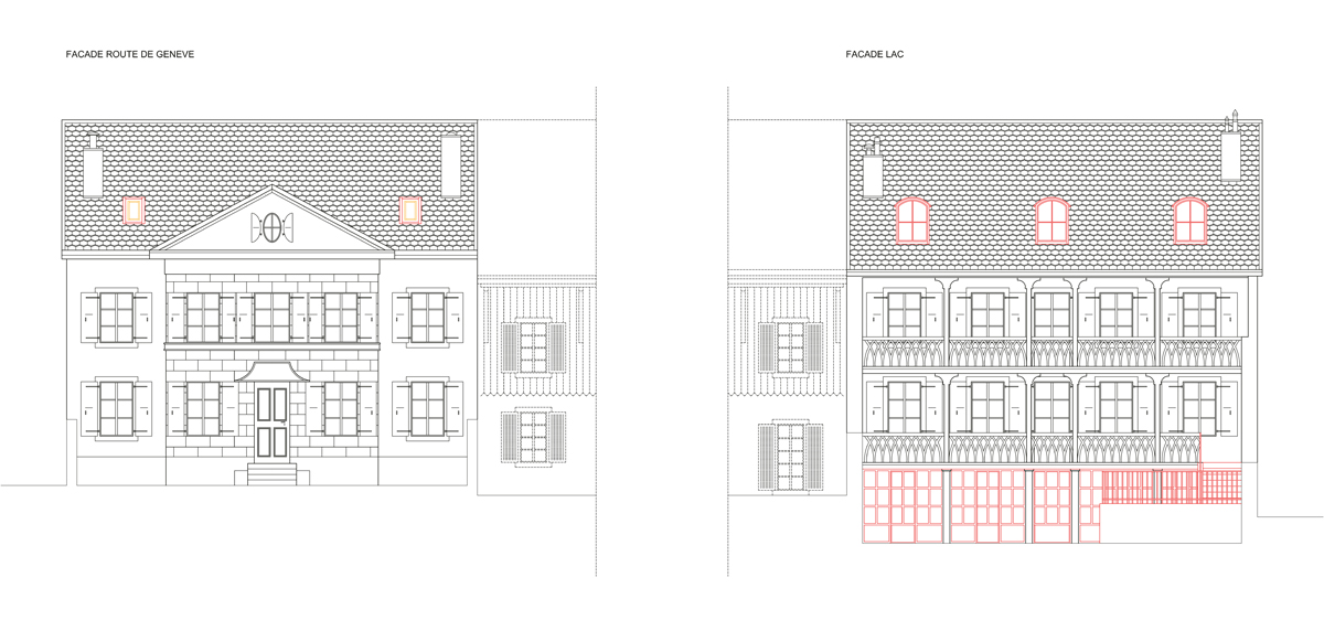 Fassade zur Strasse (links) und zum Genfersee.