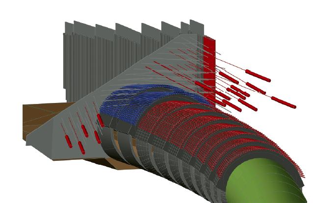 Parametrisches 3-D-Modell des Voreinschnitts Schinznach mit Lockergesteinsvortrieb und Rohrschirmetappen. Die Portalwand ist als Nagelwand ausgebildet und mit Vorspannankern gesichert. Hinten die rückverankerte Bohrpfahlwand.