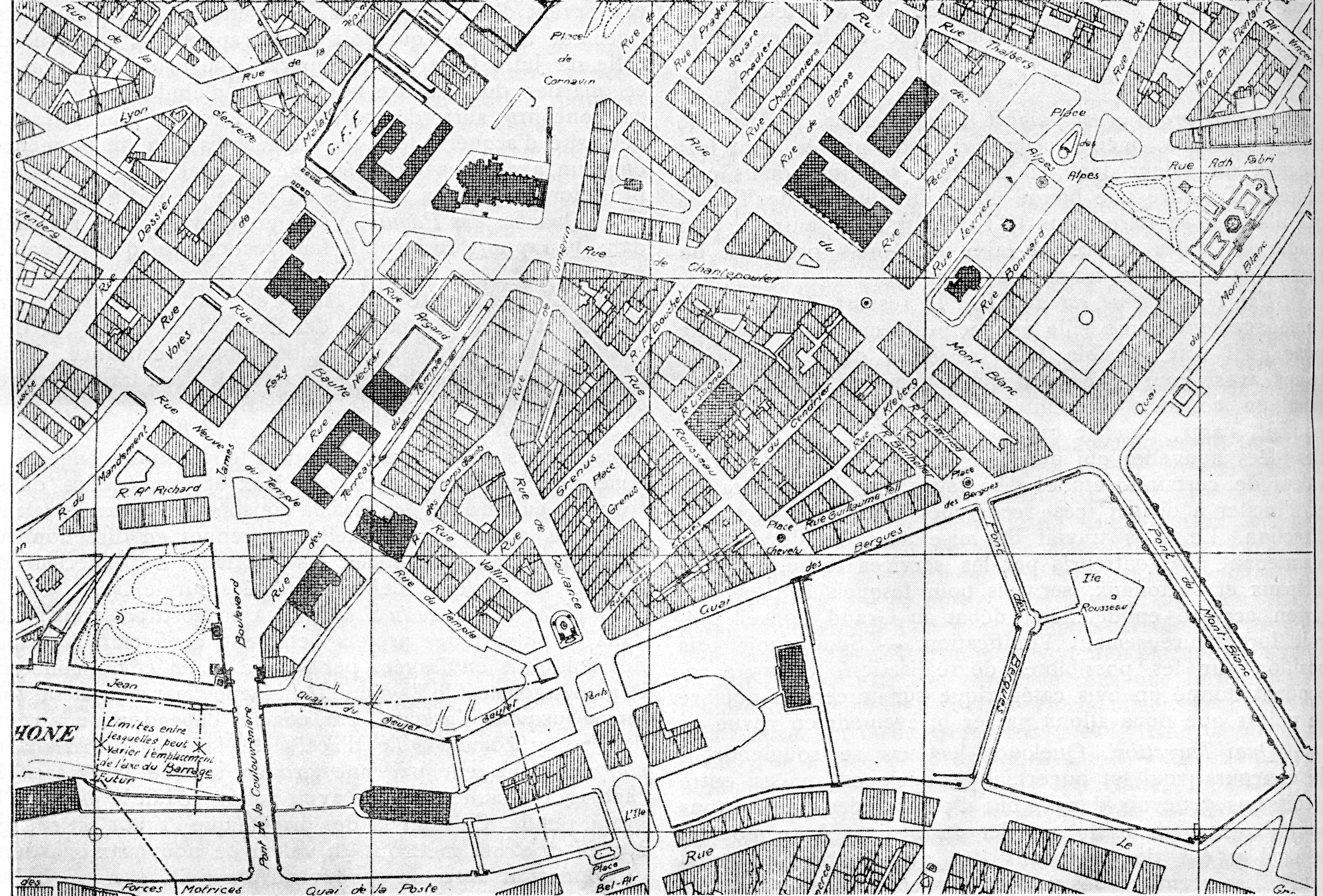 Plan donné comme base du concours d'urbanisme de 1929-1930. Le quartier du Seujet est déjà démoli.