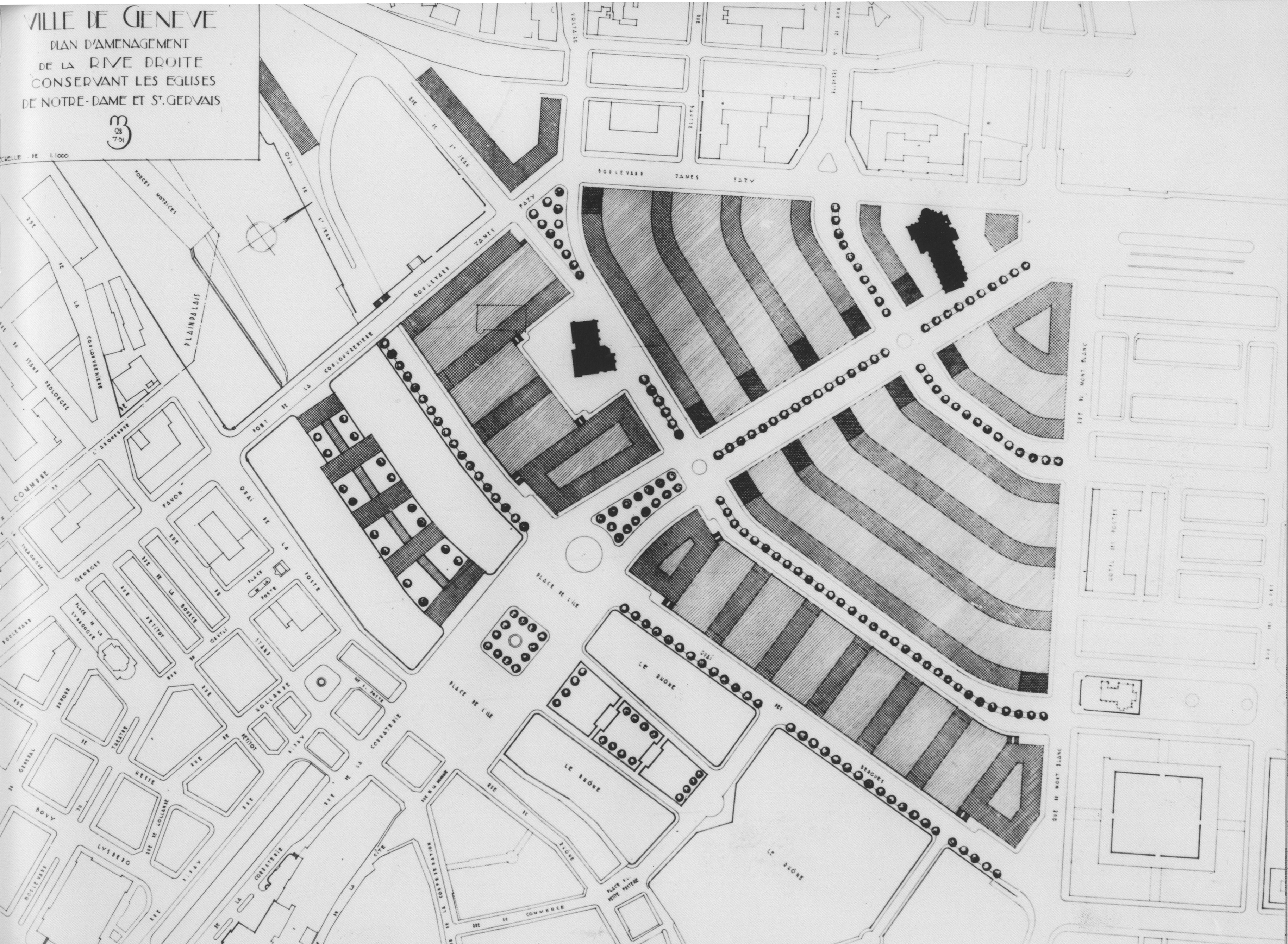 Plan Braillard de 1931, deuxième variante conservant les deux églises du quartier