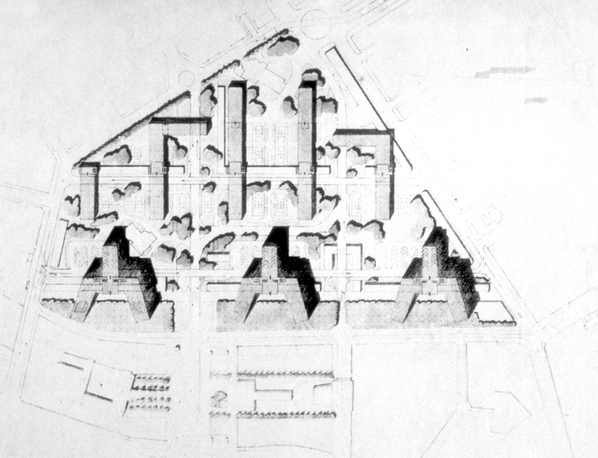 Le Corbusier et Pierre Jeanneret, plan pour la Rive droite, 1932. Les immeubles sont sur pilotis.