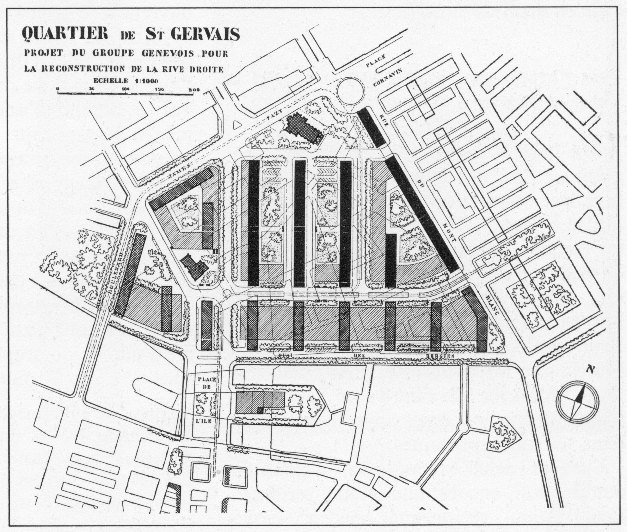 Projet du Groupe genevois pour la Rive droite, 1932 (Guyonnet, Hoechel, Honegger, Minner, Quétant, Torcapel, Vincent et Wanner)