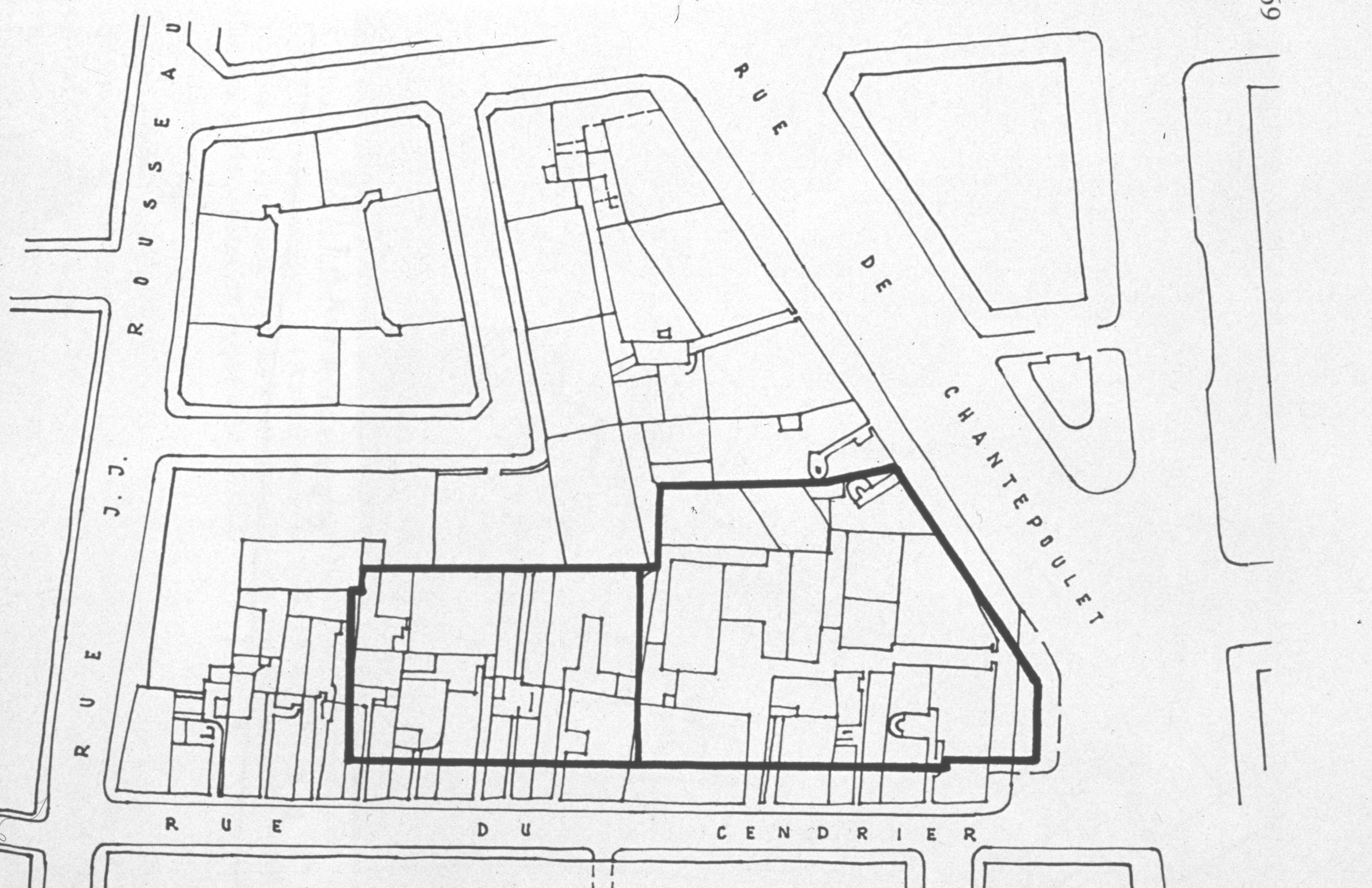 Emprise des projets de Mont-Blanc Centre et de Cendrier réalisés par Saugey superposée au parcellaire existant
