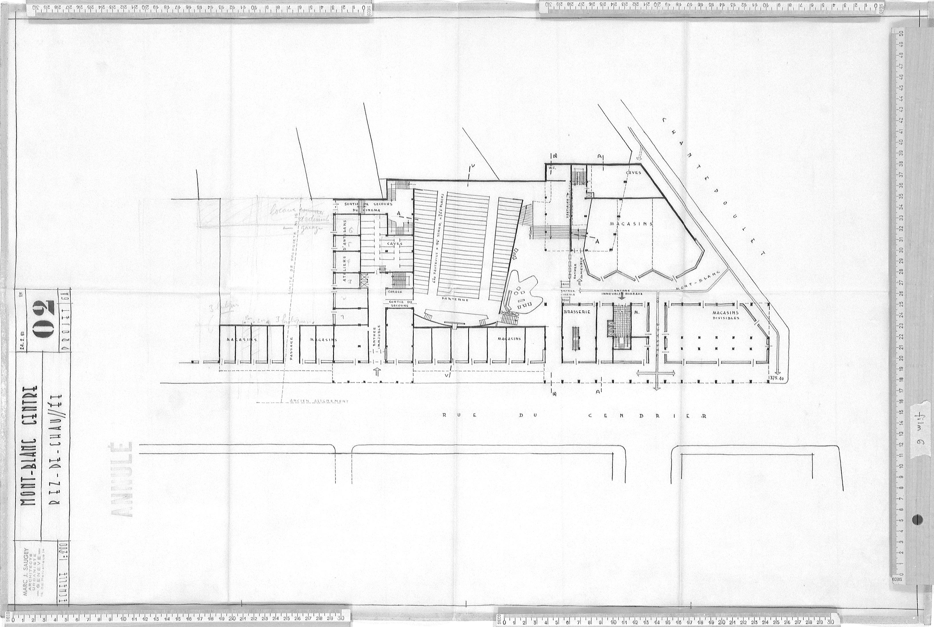 Mont-Blanc Centre, avant-projet 6A, plan 02 du 24 février 1951, dessinés par R.F. (Robert Frei)