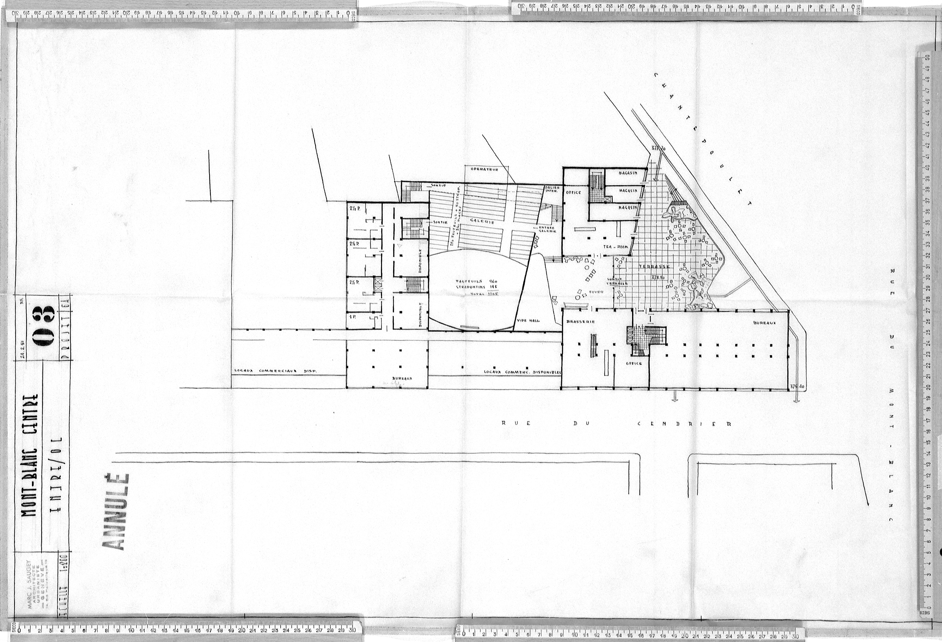 Mont-Blanc Centre, avant-projet 6A, plan 03 du 24 février 1951, dessinés par R.F. (Robert Frei)