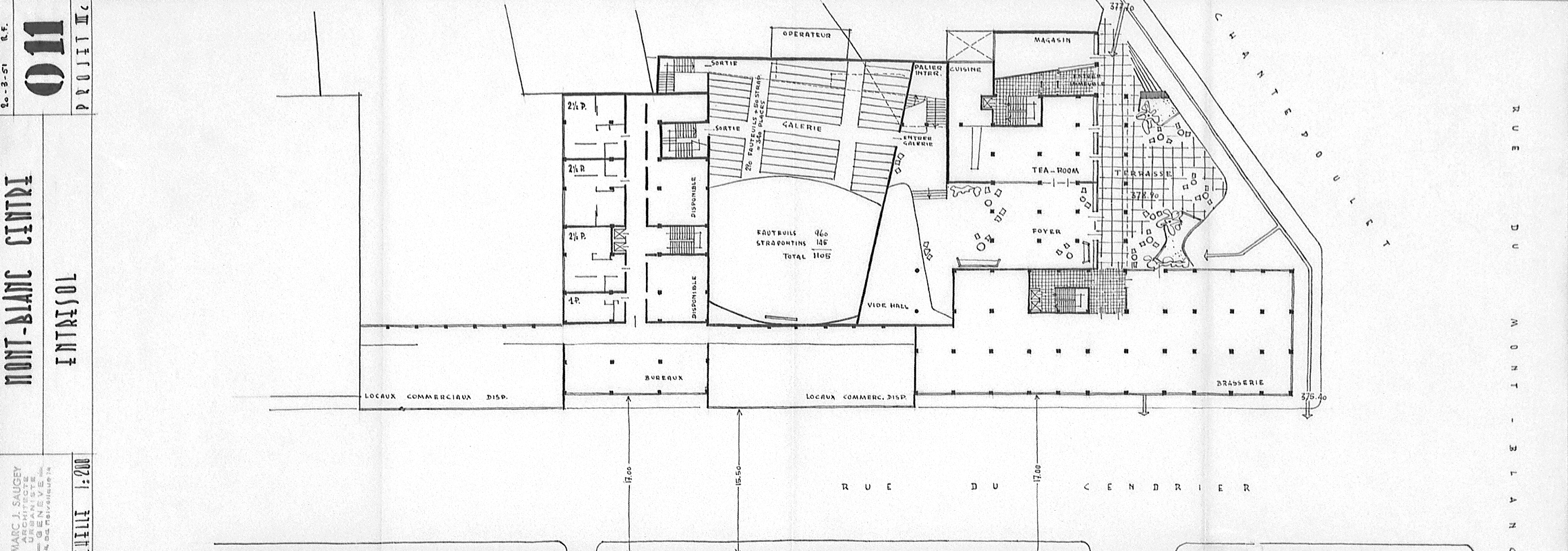 Avant-projet III C, plan 011 du 20 mars 1951, dessinés par R.F. (Robert Frei). à gauche du cinéma, le corps de bâtiment qui deviendra par la suite la tour A de l’opération de Cendrier-Centre.