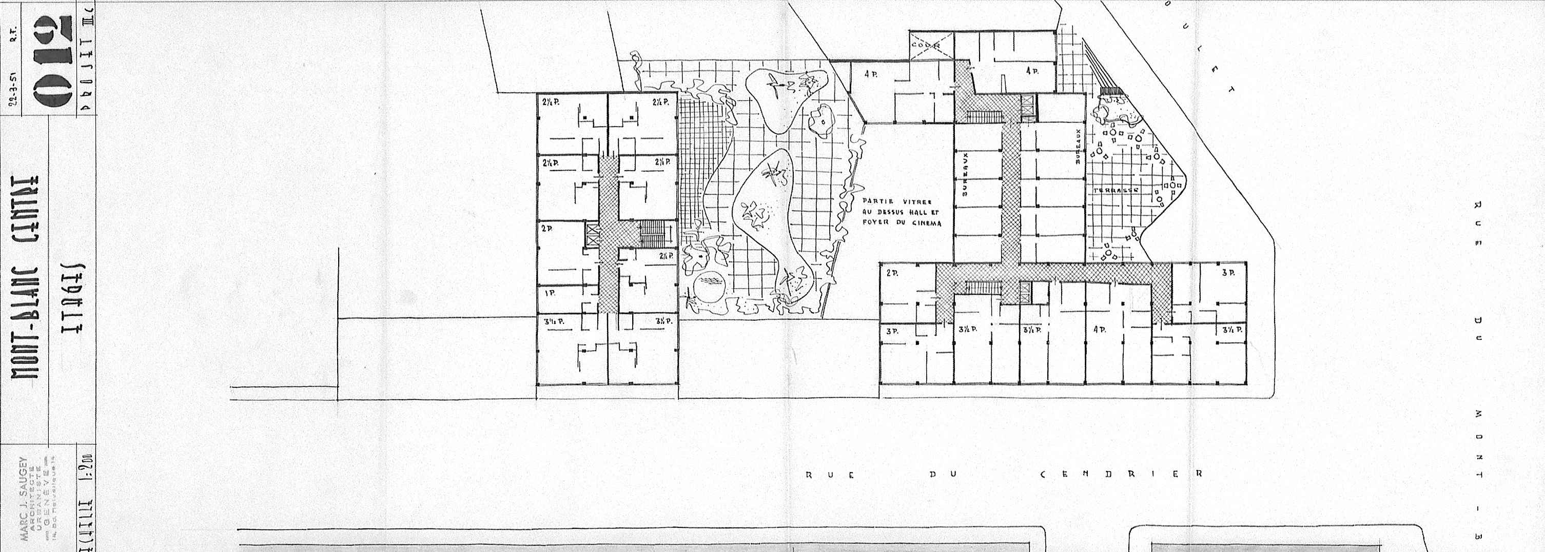Avant-projet III C, plan 012 du 20 mars 1951, dessinés par R.F. (Robert Frei). à gauche du cinéma, le corps de bâtiment qui deviendra par la suite la tour A de l’opération de Cendrier-Centre.
